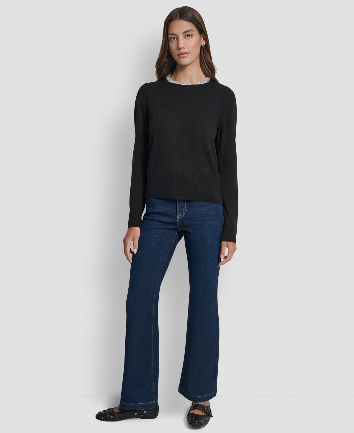 Dkny Jeans Petite Embellished Trim Sweater Top In Black