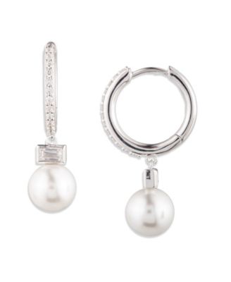 Cubic Zirconia & Imitation Pearl Sterling Silver Hoop Earrings