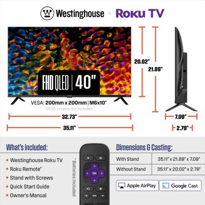 40" Roku Smart TV, FHD QLED, Dolby Digital+, Wi-Fi, Bluetooth, AirPlay, Alexa & Google Assistant Compatible