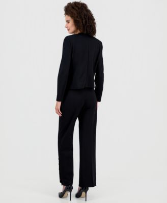 Anne Klein Womens Crewneck Button Front Blazer Wide Leg Pants In Blue