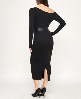 Juniors' Long Sleeve Belted Midi Sweater Dress