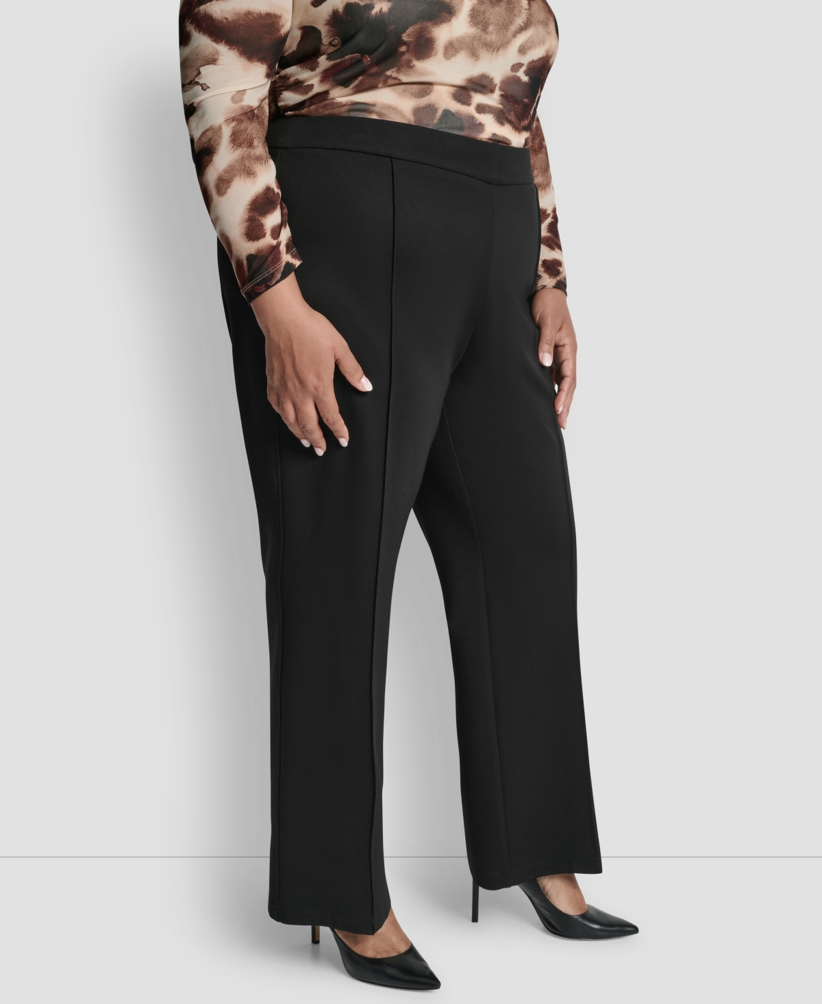 Dkny Plus Size Mid Rise Pleat Detail Straight Fit Pants In Black