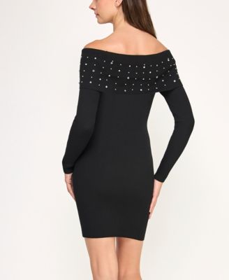 Juniors Off The Shoulder Rhinestone Fitted Sweater Dress