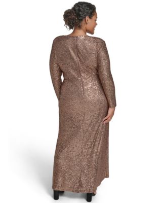 Plus Size Sequin Twist-Front Long Sleeve Gown