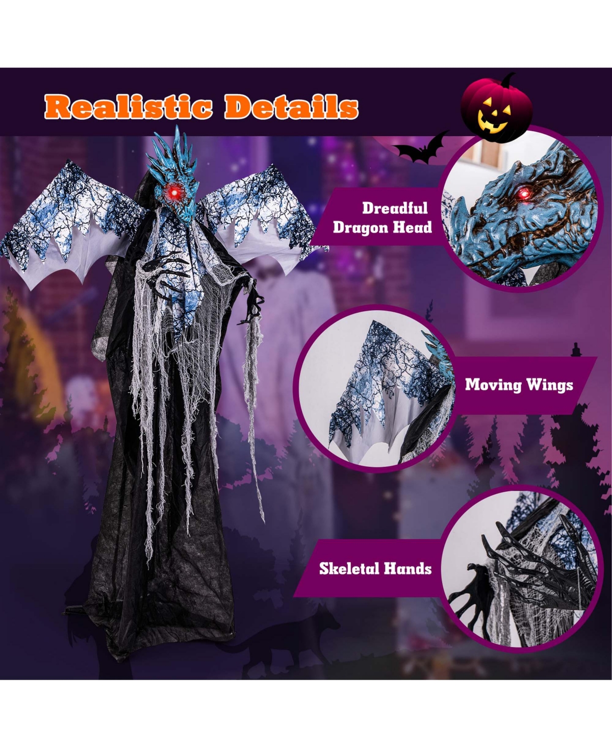 6ft Halloween Animatronic Decoration Animated Dragon with Light Up Eyes Posable Wings & Arms Sound & Touch Activated Standing Figure