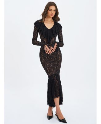 Women's Parisa Black Lace Ruffled Mermaid Maxi Dress