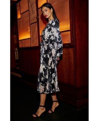 Women's Floral Satin Long Sleeve Midi Dress