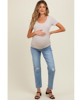 Light Blue Distressed Open Knee Ankle Straight Leg Maternity Jeans