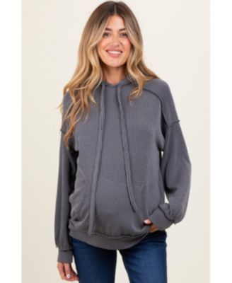 Maternity Charcoal Ribbed Front Pocket Drawstring Hoodie