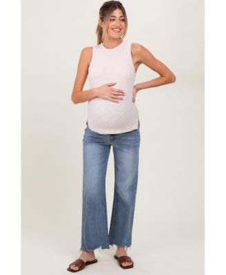 Maternity Light Blue Fringe Hem Wide Leg Jeans
