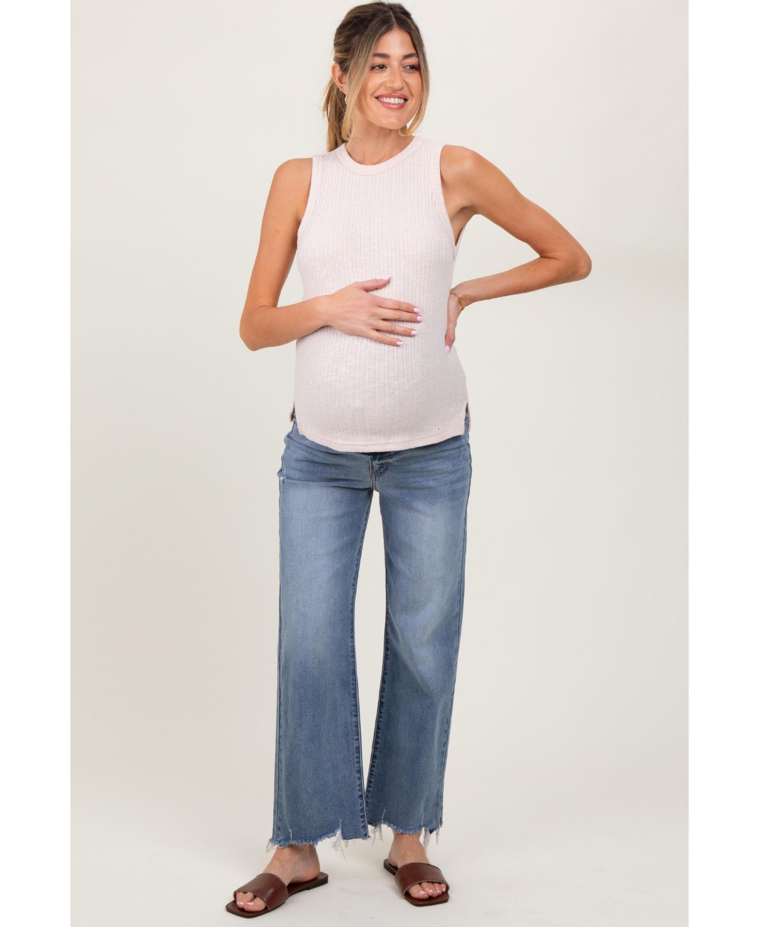 Women's Light Blue Fringe Hem Wide Leg Jeans