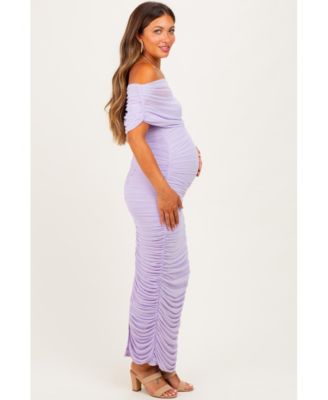 Maternity Lavender Ruched Mesh Foldover Off Shoulder Maxi Dress