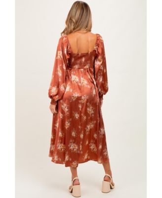 Maternity Rust Satin Floral Bubble Sleeve Midi Dress