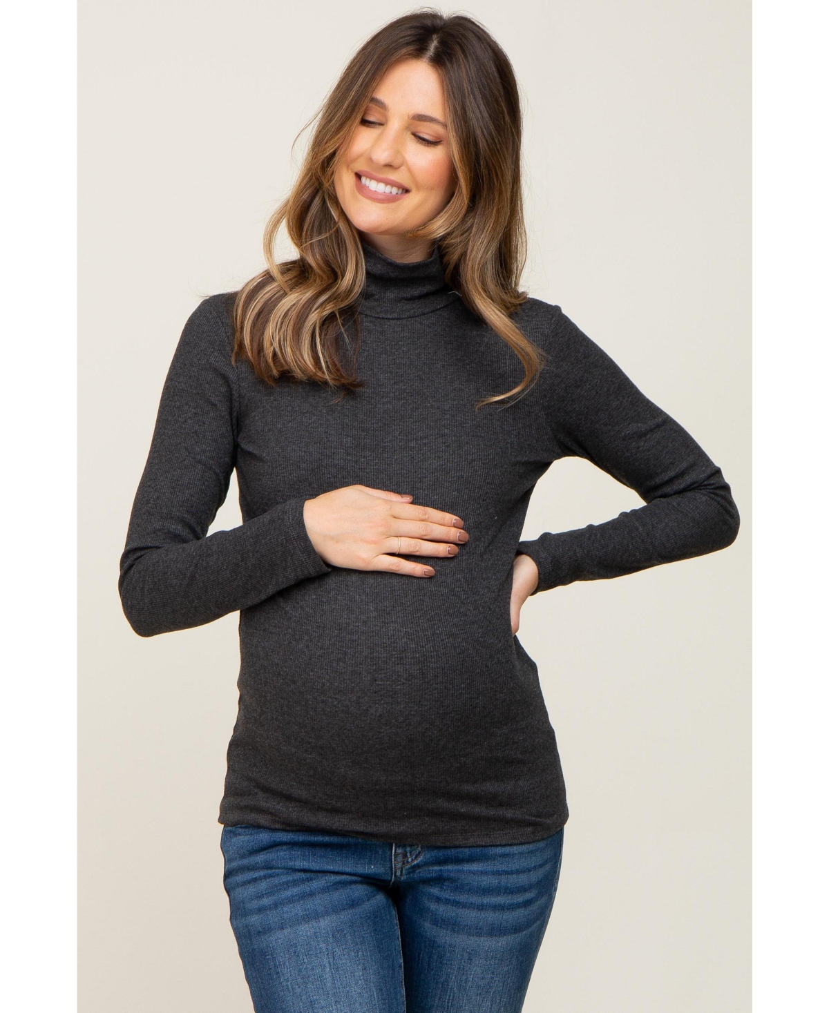 Pinkblush Maternity Charcoal Heathered Ribbed Mock Neck Long Sleeve Top