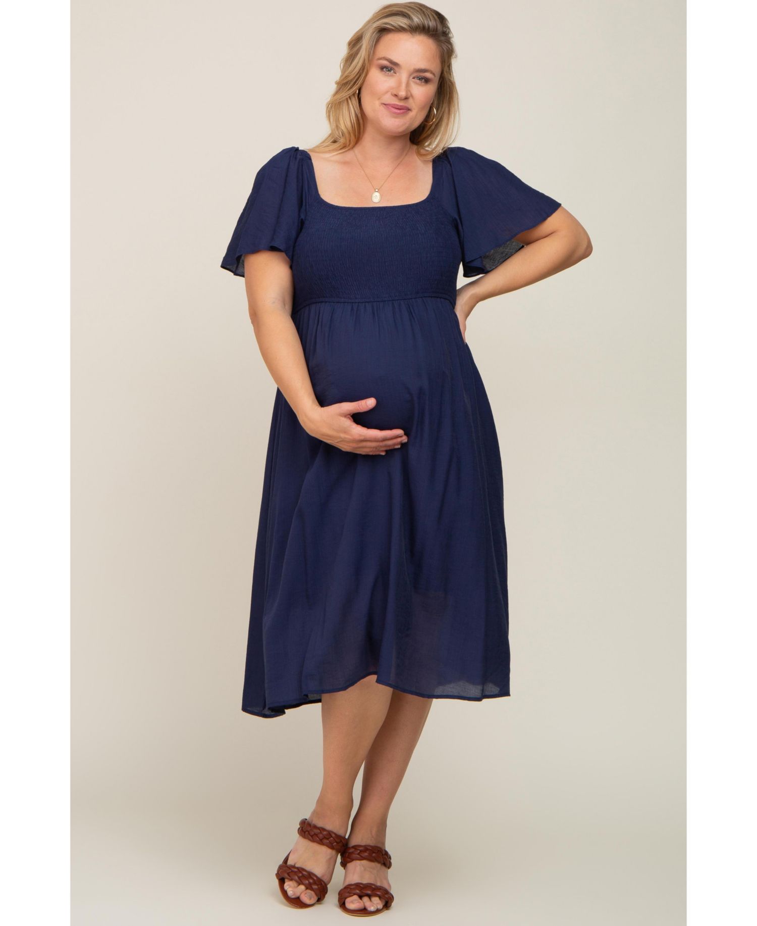 Women's Maternity Smocked Square Neck Flutter Short Sleeve Midi Dress