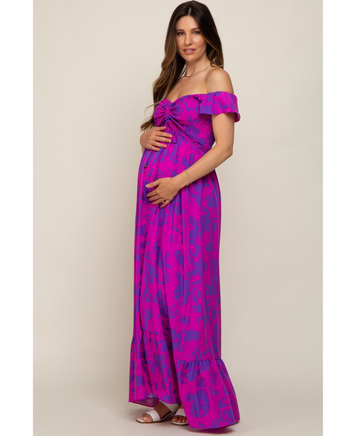 Pinkblush Maternity Magenta Floral Smocked Cinched Top Maxi Dress