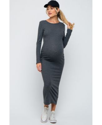 Maternity Charcoal Ribbed Fitted Long Sleeve Midi Dress