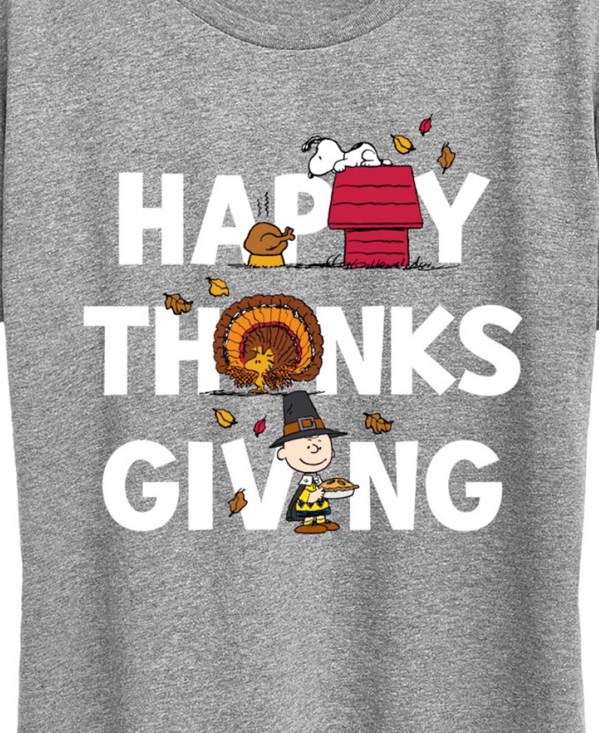 Hybrid Apparel Peanuts Snoopy Ans Chrlie Brown Happy Thanksgiving Women's Short Sleeve Graphic T-shirts In Gray