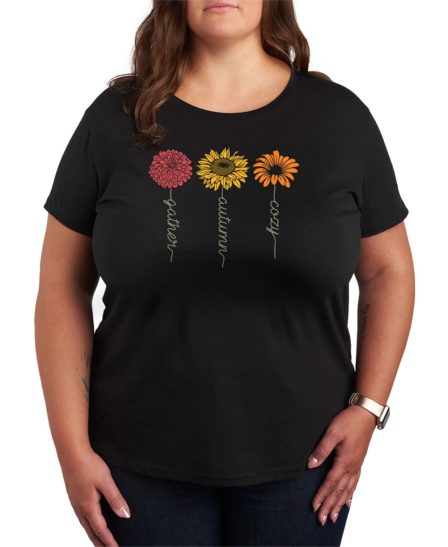 Женские футболки Hybrid Apparel Plus Size Gather Autumn Flowers Short Sleeve Graphic T-shirts, цвет: Чёрный — фото 1