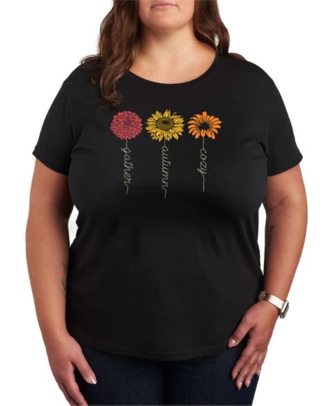 Женские футболки Hybrid Apparel Plus Size Gather Autumn Flowers Short Sleeve Graphic T-shirts, цвет: Чёрный