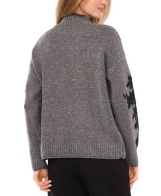 Women's Mock Neck Floral Lace Embellished Long-Sleeve Sweater