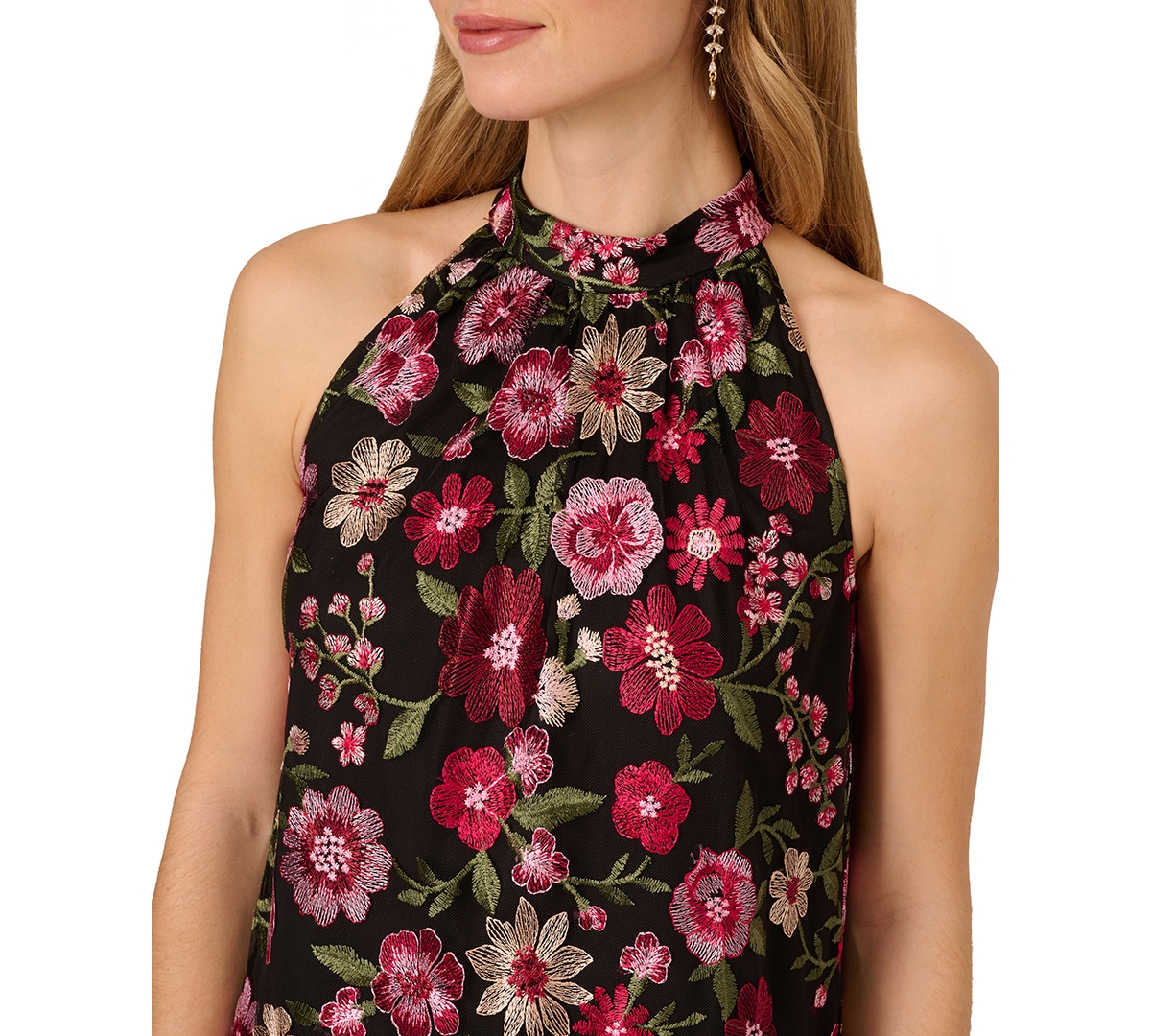 Adrianna Papell Women's Halter Neck Embroidered Short Dress