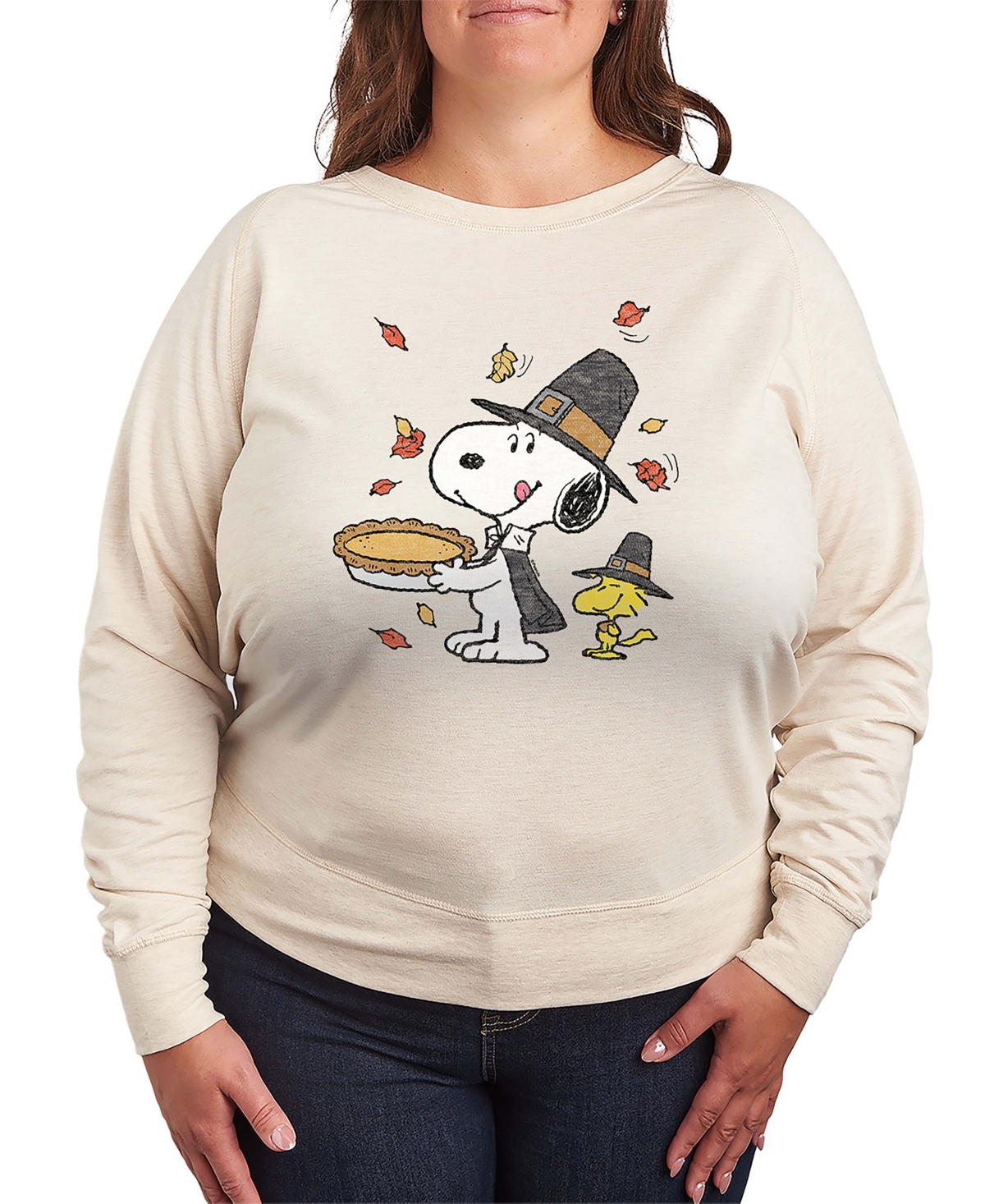 Hybrid Apparel Thanksgiving Pie Snoopy And Woodstock Women's French Terry Long Sleeve Shirt In White