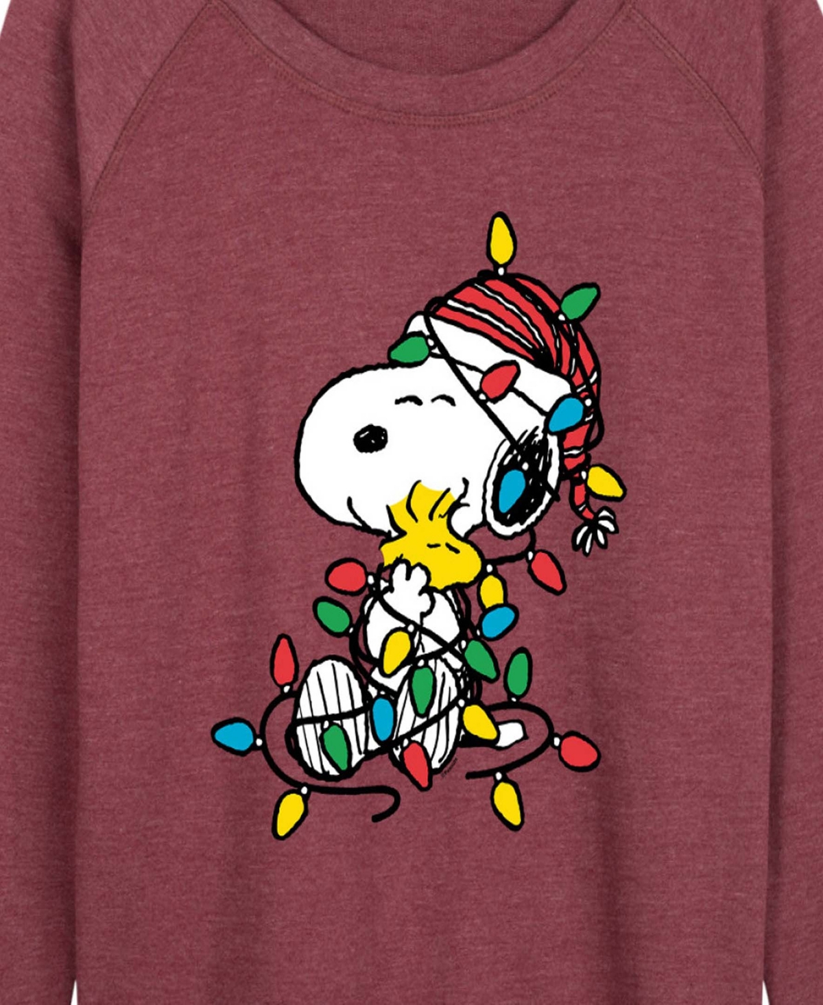 Hybrid Apparel Snoopy Ans Woodstock Christmas Lights Women's French Terry Long Sleeve Shirt In Red