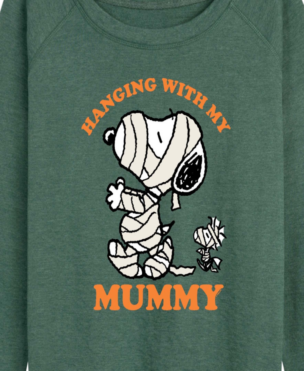 Hybrid Apparel Halloween Woodstock And Snoopy Mummy Women's French Terry Long Sleeve Shirt In Green