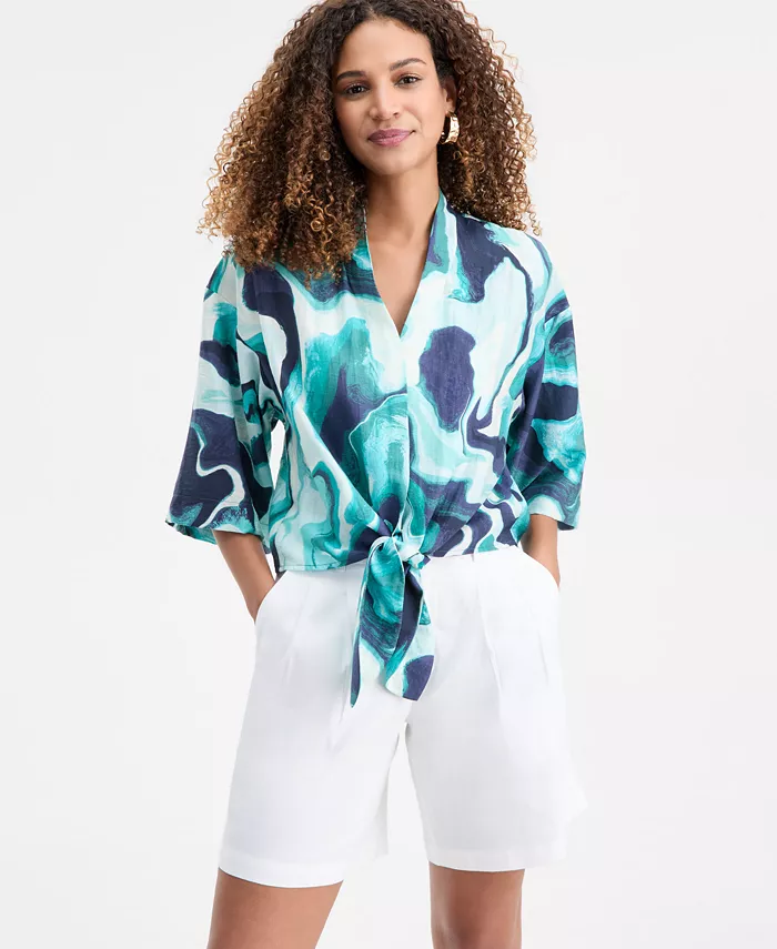 Women's Elbow Sleeve Printed Tie-Hem Blouse
