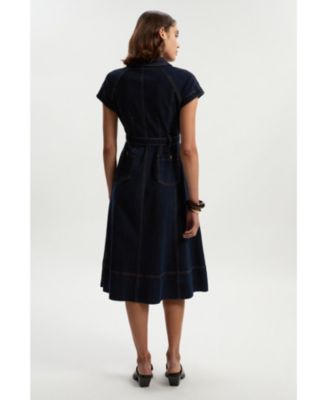 Women's Button Up Belted Denim Midi Dress