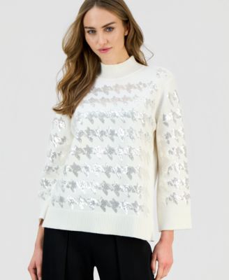 Anne Klein Womens Houndstooth Sequin Mock Neck Sweater P Xxs Xxl In White