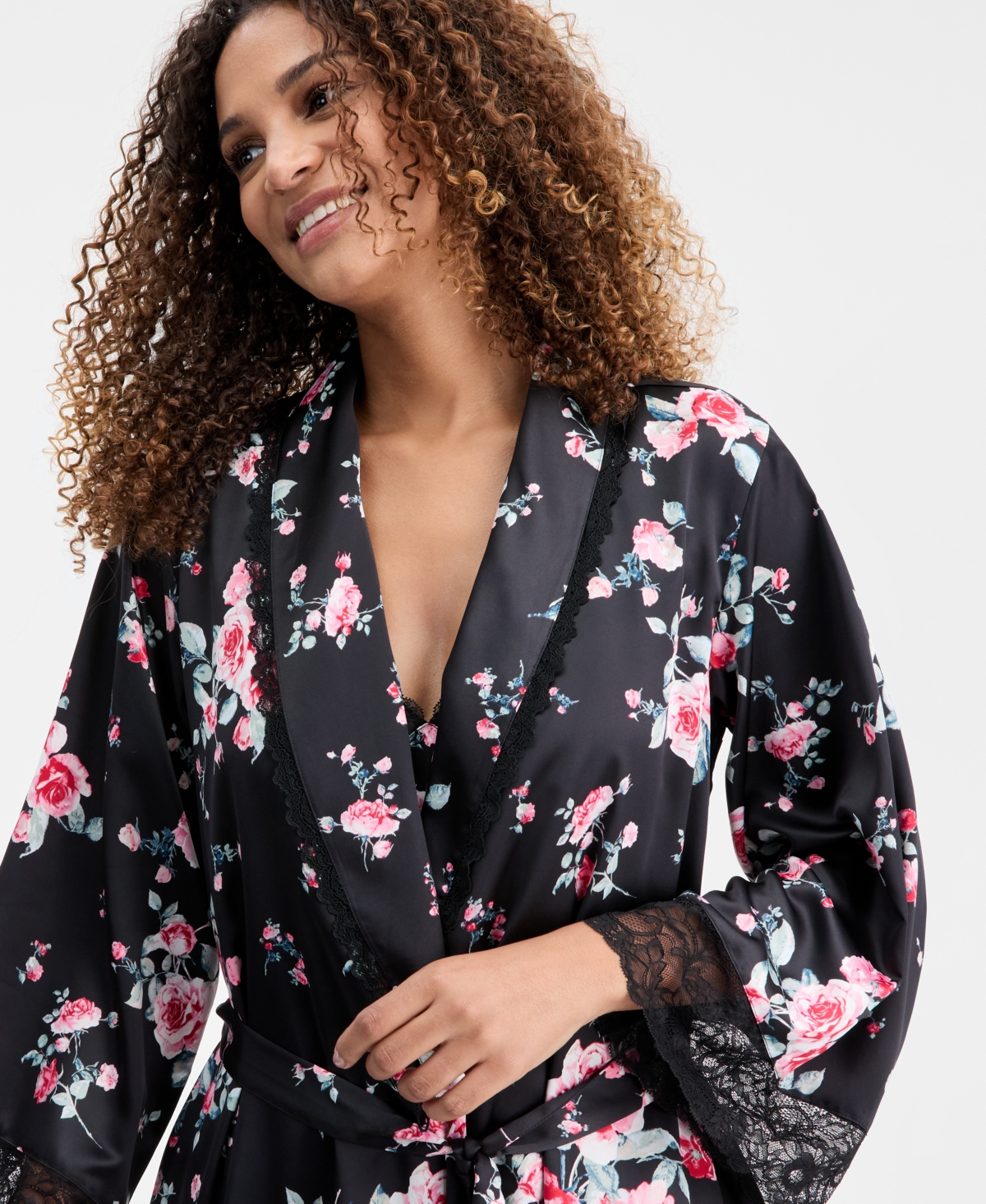 I.n.c. International Concepts Women's Printed Lace Trim Shawl Collar Robe, Created for Macy's