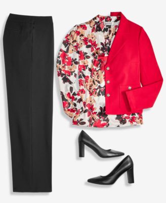 Women's Stretch Crepe Three-Button Jacket, Floral-Print Pleated-Shoulder Blouse & Stretch Crepe Wide-Leg Pants