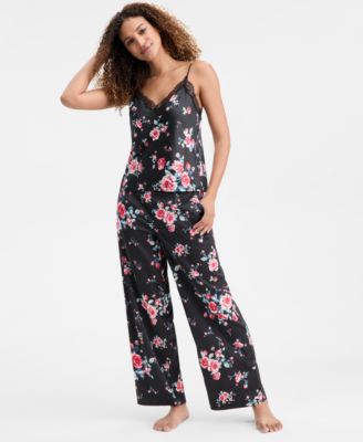 Women's Stretch Satin Lace-Trim Top & Pajama Pants Set