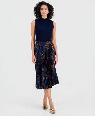 T Tahari - Women's Printed Pull-On Pleated Midi Skirt