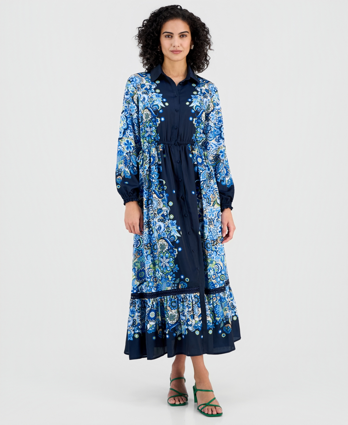 T Tahari Women's Printed Button-front Maxi Dress In Blue