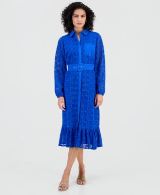 T Tahari - Women's Cotton Belted Lace Midi Dress