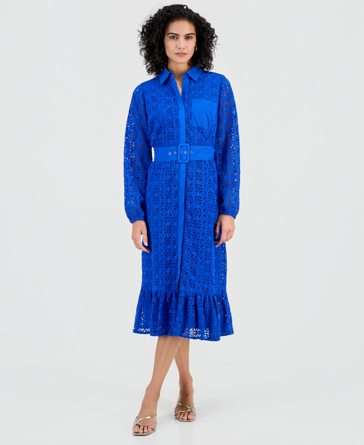 T Tahari Women's Cotton Belted Lace Midi Dress In Blue