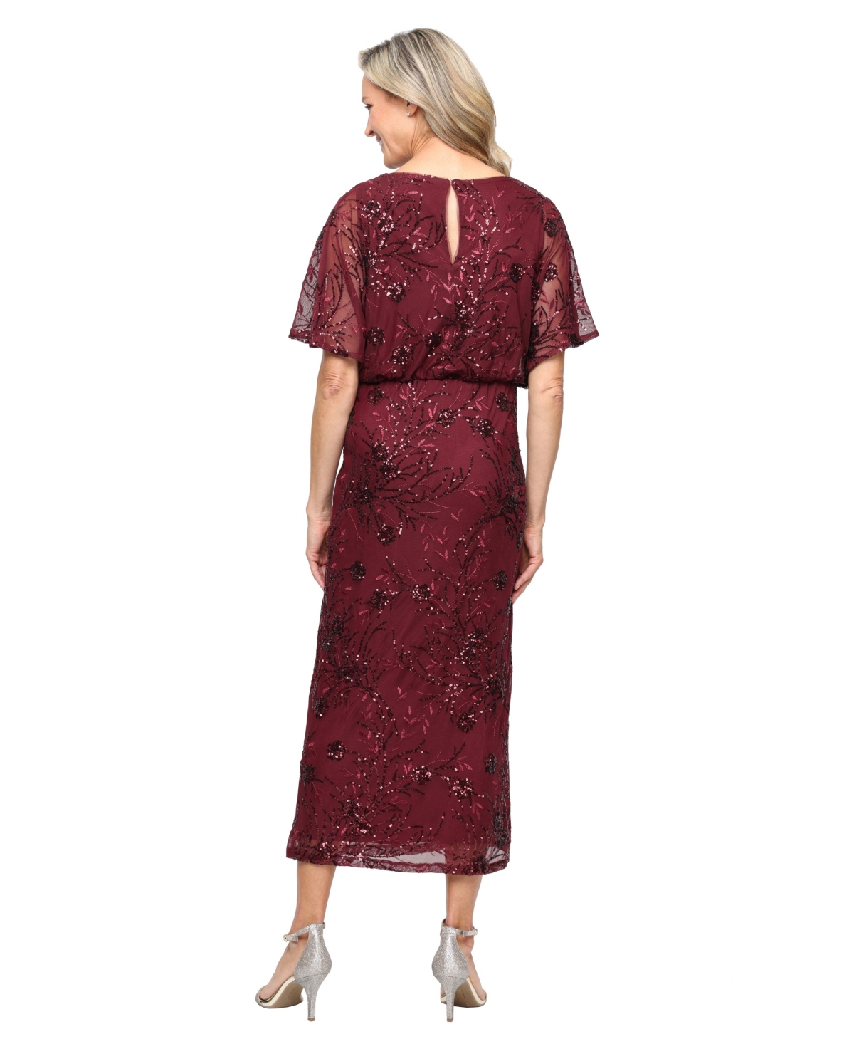 Sl Fashions Petite Sequined Blouson Dress In Burgundy