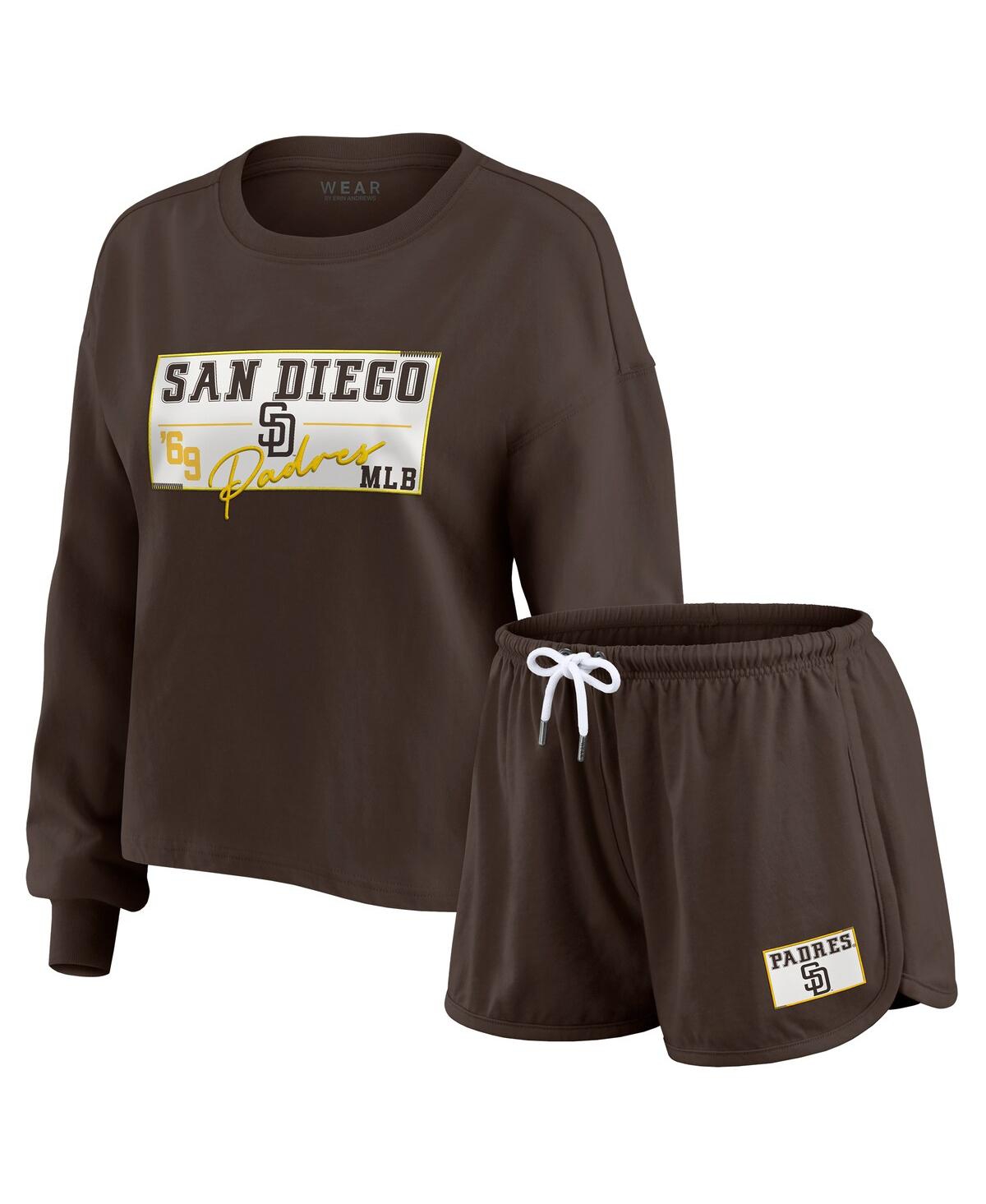 Wear By Erin Andrews Women's 2-piece Brown San Diego Padres Heavy Rugby Jersey Long Sleeve T-shirt And Shorts Lounge Set In Brown