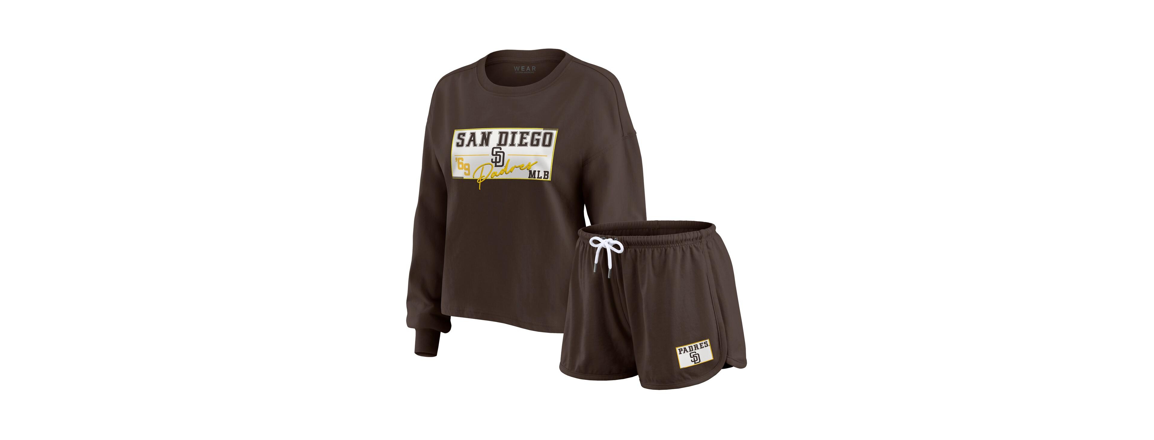 Wear by Erin Andrews Women's 2-Piece Brown San Diego Padres Heavy Rugby Jersey Long Sleeve T-Shirt and Shorts Lounge Set