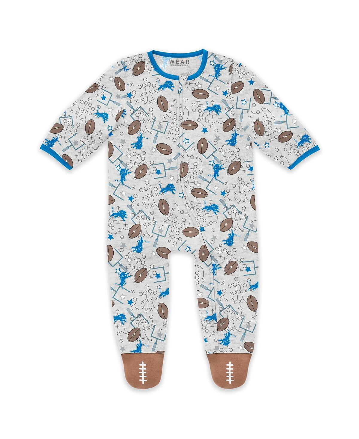 Wear By Erin Andrews Baby Boys And Girls Newborn Detroit Lions Sleep And Play Full-zip Sleeper Bib Set In Gray