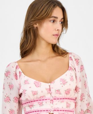 Juniors' Long Sleeve Button-Front Blouse