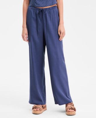 Juniors' Linen-Blend Wide-Leg Tie-Front Drawstring Pants