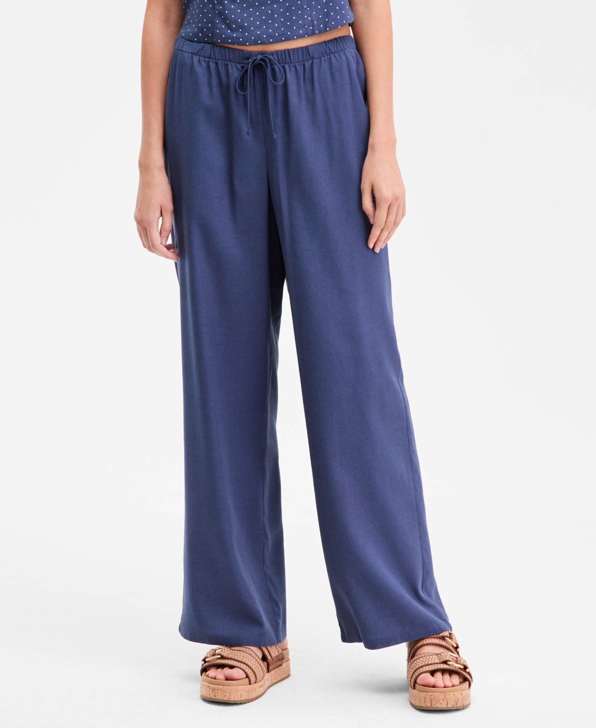 Hippie Rose Juniors' Linen-Blend Wide-Leg Tie-Front Drawstring Pants