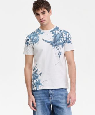 Men's Relaxed Fit Short Sleeve Crewneck Floral Hawk Print T-Shirt