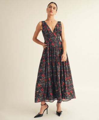 Women’s V-Neck Detailed Floral Printed Maxi Dress