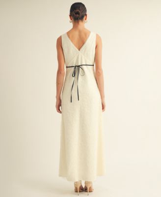 Women's V-Neck Scalloped Lace Tie-Back Slip Midi Dress