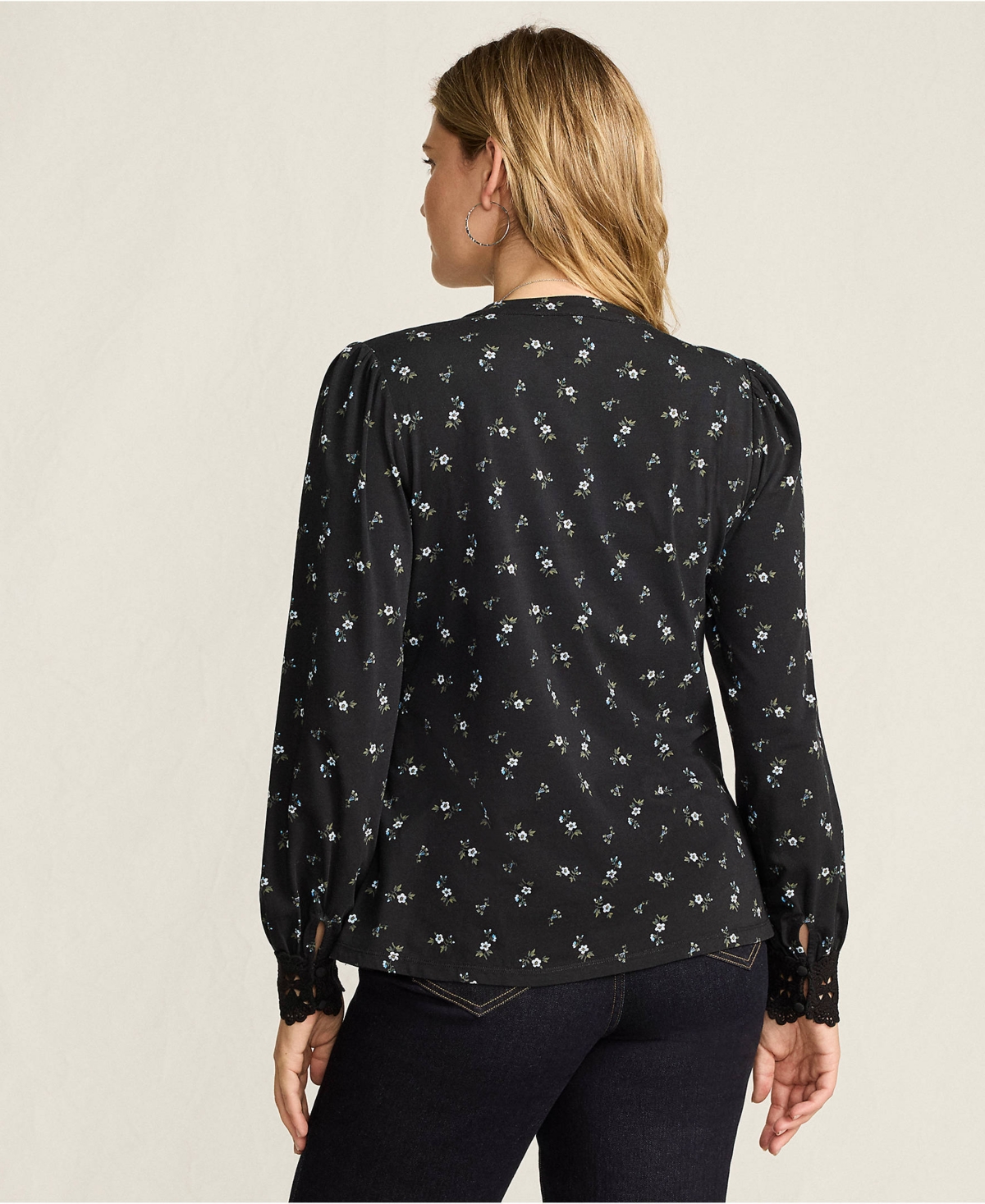 Lands' End Women's Lightweight Jersey Long Sleeve Button Front Pintuck Top